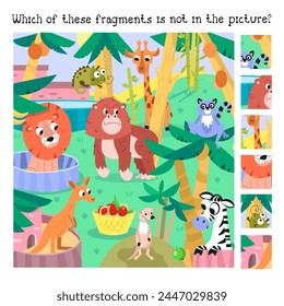 Find hidden fragments. Game for kids. Color scene with animals in zoo. Funny cartoon characters. Vector Illustration for book, design, posters, puzzle, games.