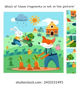 Find hidden fragments in picture. Educational game for kids. Cute flat cartoon fox and rabbit with vegetables in wheelbarrow. Farm and garden, plants. Vector flat illustration.