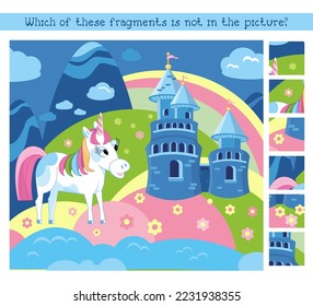 Find the hidden fragments. Puzzle game for children. Cute unicorn and castle with towers. Cartoon character vector illustration.