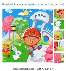 Find the hidden fragments. Puzzle game for children. Cute boy skates on roller skates in park. Sport and children. Rabbit sitting on grass. Vector cartoon illustration.