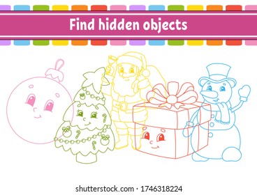 Find hidden object. Education developing worksheet. Activity page with pictures. Color contour. Logical thinking training. Isolated vector illustration. Funny character. Cartoon style.