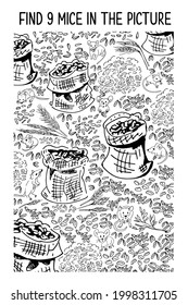 Find the hidden objects 9 Mice in the picture. Grain and mice in the barn. Vector illustration, black and white color.