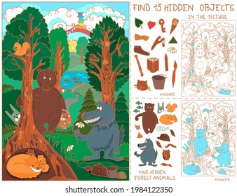 Animales en el bosque. Encontrar 15 objetos ocultos y todos los animales del bosque. Juego de rompecabezas para los niños. Juego educativo para celebración familiar, escuela, fiesta, revistas. Esbozar vector.