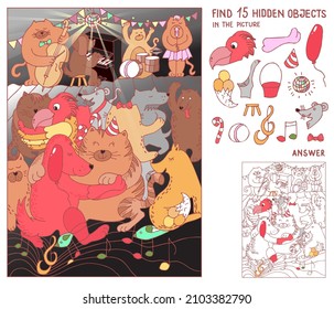 Find hidden objects. Animal dancing at party. Puzzle game for kids. Educational riddle for family celebration, school, party, magazines. Sketch vector.