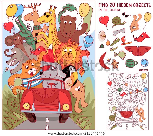 Find hidden objects. Animal ride by car.\
Vacation. Puzzle game for kids. Printable education worksheet.\
Sketch vector\
illustration.
