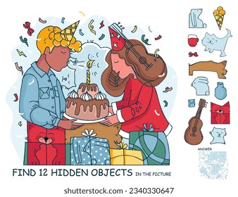 Find the hidden objects. Birthday party. Boy and girl with cake and gifts. Puzzle game for kids. Printable education worksheet. Sketch vector illustration.