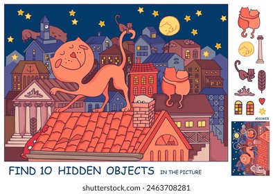 Find the hidden objects. Cats on the roofs of city houses at night. Puzzle game for kids. Printable education worksheet. Sketch vector illustration.