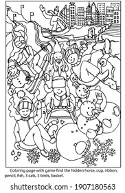 Find hidden objects. Coloring page with outdoor winter activities for kids. Sport. Leisure. Coloring worksheet for kids. Hand drawn vector.