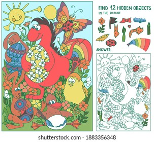 Find the hidden objects. Dinosaur with bunnies and duck in the meadow dancing with Easter eggs. Puzzle for kids. Spring Game.  Hand drawn vector illustration