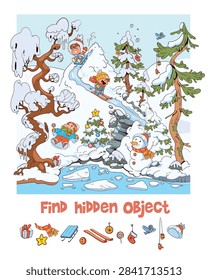 Find hidden objects. Educational winter seek and find illustration for kids with playful characters sledding and exploring a snowy landscape, designed to boost attention, observation skills, and visual learning. Vector illustration
