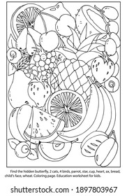 Find  hidden objects in the fruit picture. Seek Butterfly, 2 cat, 4 bird, parrot, cup, star, heart, ax, wheat, bread, child face. Coloring page. Education worksheet. Hand drawn vector