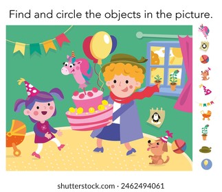 Find hidden objects. Game for children. Birthday party. Cute cartoon characters. Vector illustration. 