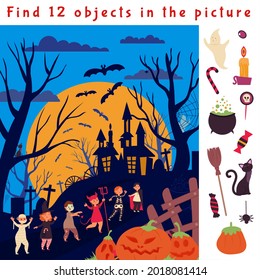 Find hidden objects. Halloween game location, fun children puzzle. Look play picture, education search brain teaser decent vector magic scene