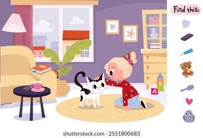 Find hidden objects items in the picture puzzle game. Little girl petting, cuddle his kitten sitting on floor in middle of room. Attention task. Worksheet.  Educational game for children. Cartoon.