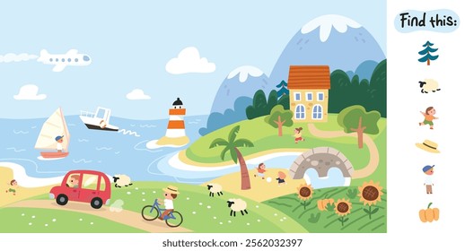 Find hidden objects items in the picture puzzle game quiz. Childs style vector illustration of paradise landscape with shore, blue sea, night sky. High mountains cozy harbor at beautiful sunny day.