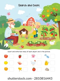 Find hidden objects items in picture puzzle game. Elderly grandfather sits in the garden while his young granddaughter waters tomato plants. Chickens peck around a wooden coop, with a rustic barn in the background. Preschool Childrens activity in kinder garden
