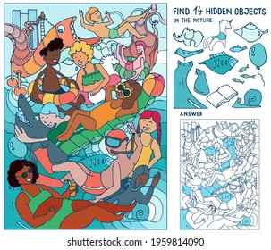 Find the hidden objects. Kids in aquapark, amusement aqua park with water attractions, riding slide, girl and boy swimming in pool on inflatable ring. Sketch vector illustration.