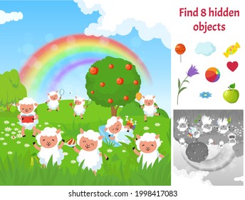 Find hidden objects. Kids puzzle game with sheep on meadow. Fun brain teaser looking different items on green garden landscape. Happy cute sheeps cartoon vector picture