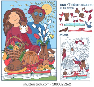 Find hidden objects. Little boy and girl, bunny at the banquet table. Puzzle for kids. Easter game for family celebration, school, party. Hand drawn vector.