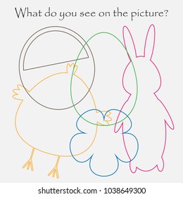 Find hidden objects on the picture, easter theme, mishmash contour set, fun education game for kids, preschool activity for children, vector illustration