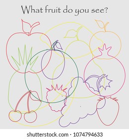 Find hidden objects on the picture, fruit theme, mishmash contour set, fun education game for kids, preschool activity for children, vector illustration