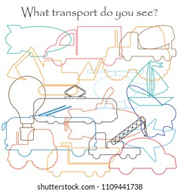 Find hidden objects on the picture, transport theme, mishmash contour set, fun education game for kids, preschool activity for children, vector illustration