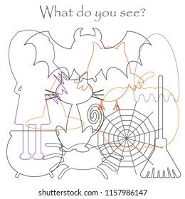 Find hidden objects on the picture, halloween theme (owl, ghost, witch, cat, cobweb, spider), mishmash contour set, fun education game for kids, preschool activity for children, vector illustration