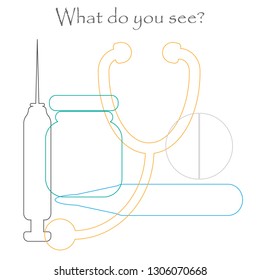 Find hidden objects on the picture, medicine theme - pill, stethoscope, syringe, thermometer, mishmash contour set, fun education game for kids, preschool activity for children, vector illustration