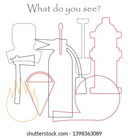 Find hidden objects on the picture, fireman tools theme, mishmash contour set, fun education game for kids, preschool activity for children, vector illustration