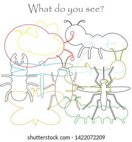 Find hidden objects on the picture, insects theme, mishmash contour set, fun education game for kids, preschool activity for children, vector illustration