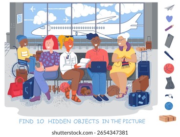 Localizar objetos ocultos. Passageiros na sala de espera do aeroporto. Pessoas sentadas em cadeiras do terminal do aeroporto com malas e bagagens aguardam a partida do avião. Ilustração de esboço vetorial