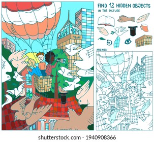 Find  hidden objects. People fly Air balloon in the city above the buildings. Doves are flying.  Puzzle hidden items. Hand drawn vector.  Worksheet.