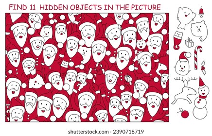 Find the hidden objects in the picture. Crowd of Santa Clauses. Christmas puzzle game for kids. Educational game for family celebration, school, party, magazines. Sketch Vector illustration