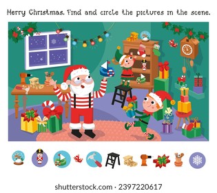 Find the hidden objects in the picture. Educational puzzle game for children.  Cute Santa and Elves making gifts for children. Christmas workshop. Winter Christmas holidays. Vector illustration.