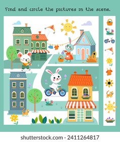 Find hidden objects in picture. Educational puzzle game for kids. Cute cartoon stylised mice and bunnies in city. Scene for children's books on white background. Vector illustration. 