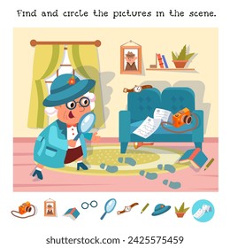 Find hidden objects in picture. Educational puzzle game for kids. Сute cartoon grandma with magnifying glass. Vector color illustration. Scene for design. Detective and investigation