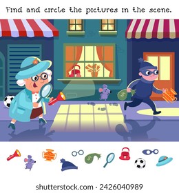 Find hidden objects in picture. Educational puzzle game for kids. Сute funny cartoon grandma with magnifying glass. Vector color illustration. Scene for design. Detective and investigation.
