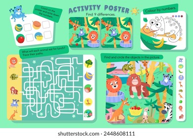 Encuentra los objetos ocultos en la imagen. Juego de rompecabezas educativo, laberinto, cuenta, matemáticas para niños. Lindos animales planos simples en la selva, zoológico. Ilustración de color de Vector. Escena de dibujos animados para el diseño. 