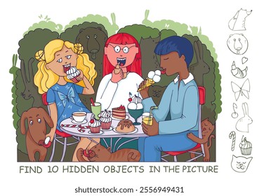 Find hidden objects in the picture. Group of friends eating out in cafe together. People in the outdoor area of the bar with animals around.  Hand drawn vector illustration.