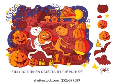 Find hidden objects in the picture. Halloween night with Cats, Pumpkins, Ghosts. Jack-O'-Lantern Halloween celebration. Hand drawn vector illustration.