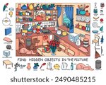 Find hidden objects in the picture. Kitchen interior with furniture and home objects. Cozy family eating room. Linear sketch vector illustration.