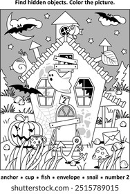 Find hidden objects picture puzzle and coloring page. Halloween haunted house.
