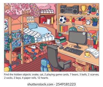 Localizar objetos ocultos na imagem. Interior do quarto do adolescente com móveis e objetos de casa. Quarto acolhedor para crianças. Ilustração de vetor de esboço linear.