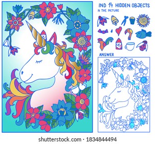 Find the hidden objects. Puzzle for children. Unicorn with flowers and leaf frame. Game, puzzle for family celebration, school, party.