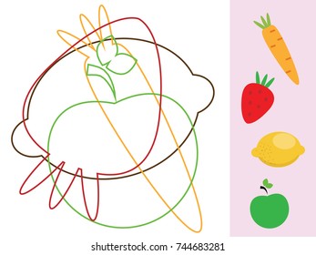 Find hidden objects and shapes. Educational game. Vegetables and fruits theme. Activity for toddlers and children.