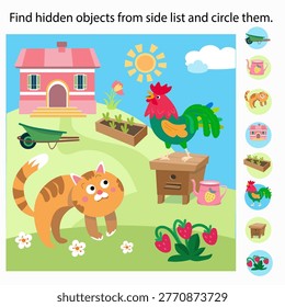 Find hidden objects from side list and circle them farm game. Educational vector puzzle for kids shows cute cat rooster and country house in sunny garden. Fun logical activity helps children develop