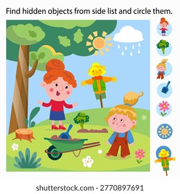 Find hidden objects from side list and circle them garden game. Two girls and scarecrow are in sunny garden with wheelbarrow near tree and field. Educational vector puzzle helps children develop