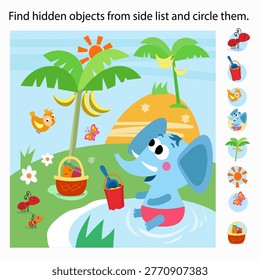 Find hidden objects from side list and circle them jungle island game. Cute blue baby elephant plays in water near palm trees with bananas bird and ants. Educational vector puzzle helps children