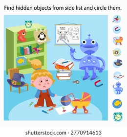 Find hidden objects from side list and circle them robot school game. Cute blue teacher android gives lesson to little girl in nursery room with books and toys. Educational vector puzzle helps