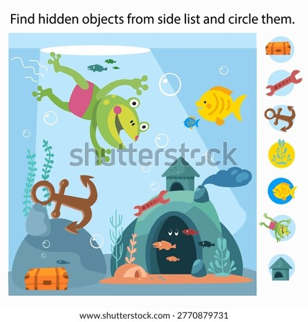 Find hidden objects from side list and circle them underwater world game. Cute frog diver explores deep ocean with yellow fish anchor and treasure chest near stone house. Educational vector puzzle